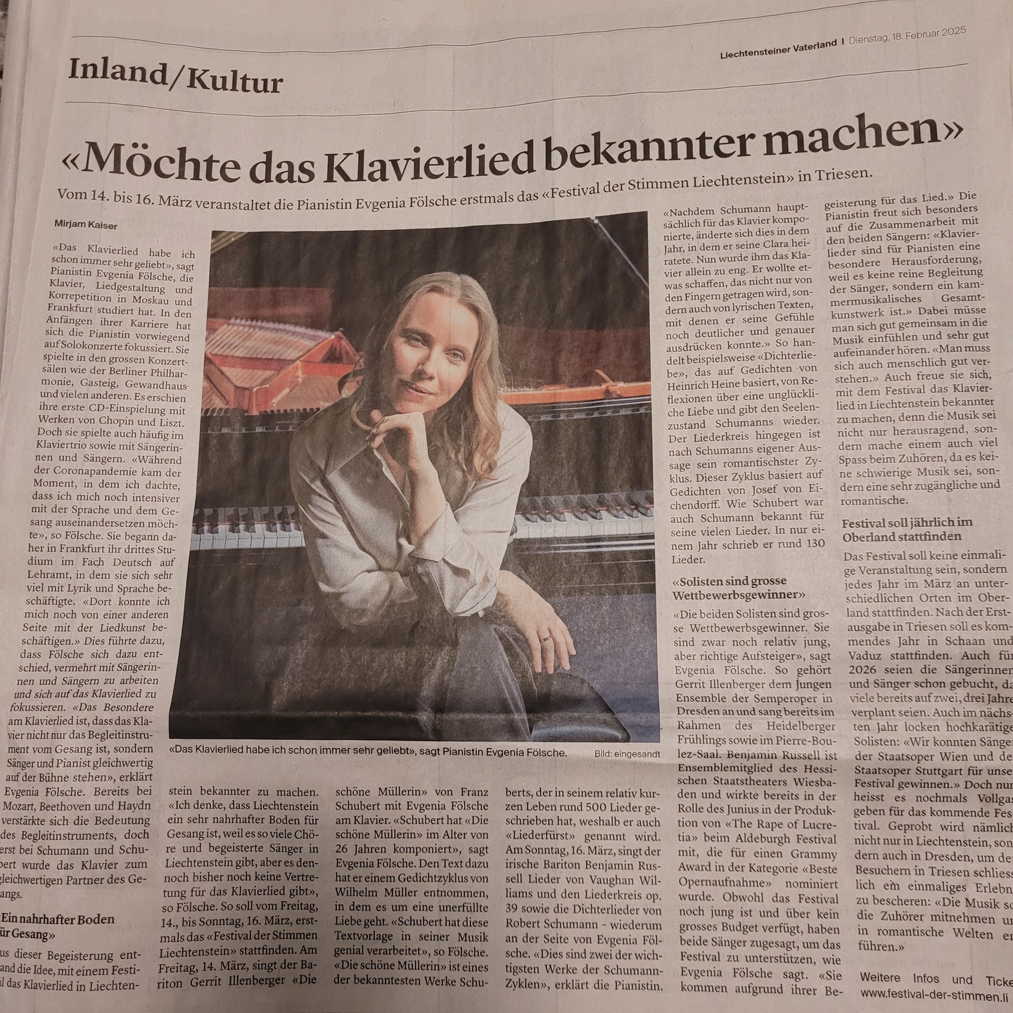 Heute erschien ein großer Artikel über das Festival der Stimmen Liechtenstein und das Klavierlied im Liechtensteiner Vaterland.
https://www.vaterland.li/liechtenstein/kultur/moechte-das-klavierlied-bekannter-machen-art-590457

Vielen Dank an die Zeitung Liechtensteiner Vaterland für diesen schönen Artikel und die vielen wichtigen Informationen über das Festival und das Klavierlied.
