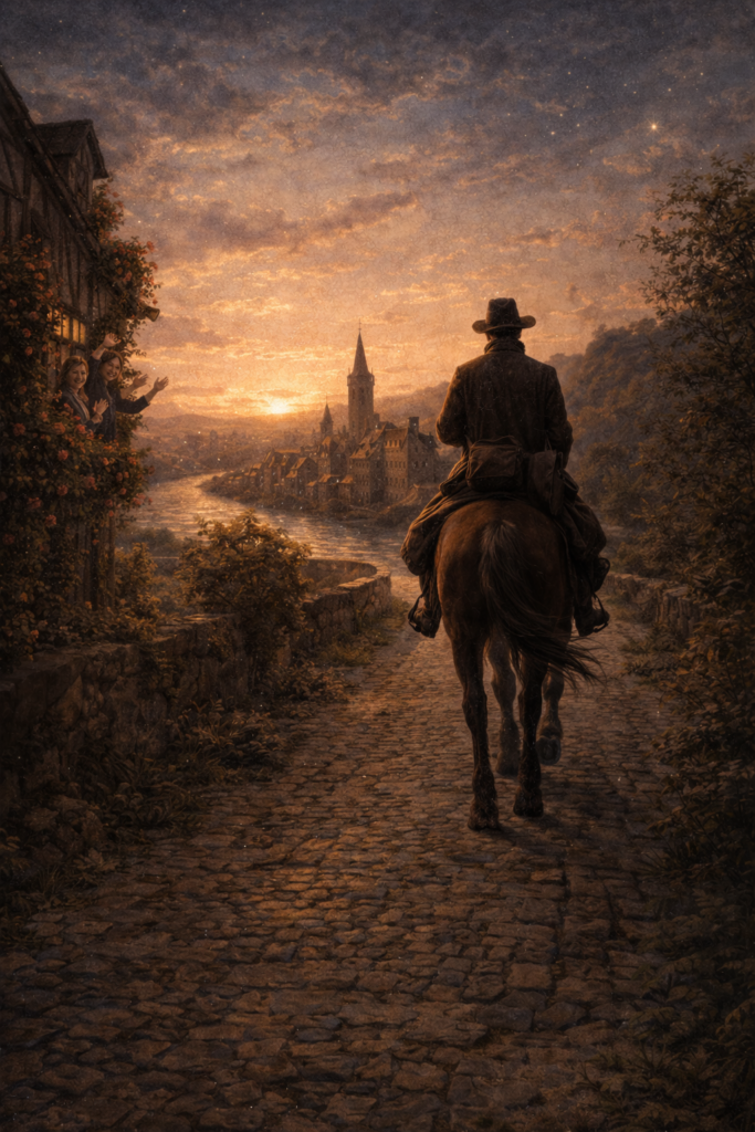 Symbolisches Bild zum Lied "Abschied" von Franz Schubert. Ein einsamer Reiter in der Abenddämmerung auf einer Straße.