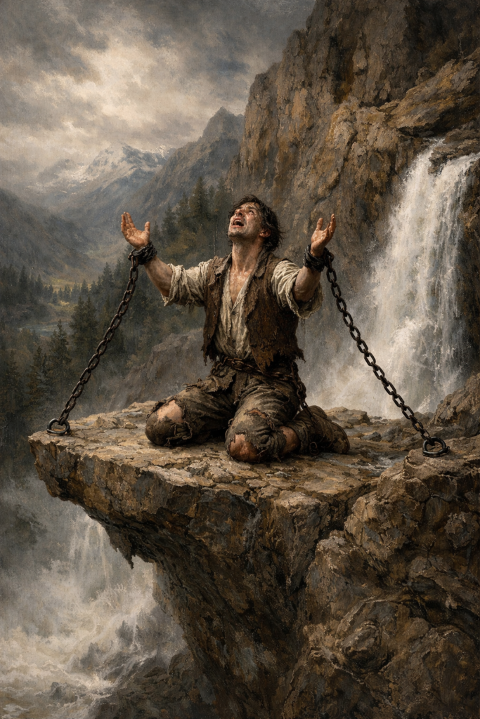 Symbolische Darstellung des Lieds "Aufenthalt" von Franz Schubert. Ein Mann ist an den Fels gekettet, ein Wasserfall rauscht neben ihm herab. Im Hintergrund ist ein Wald zu sehen.