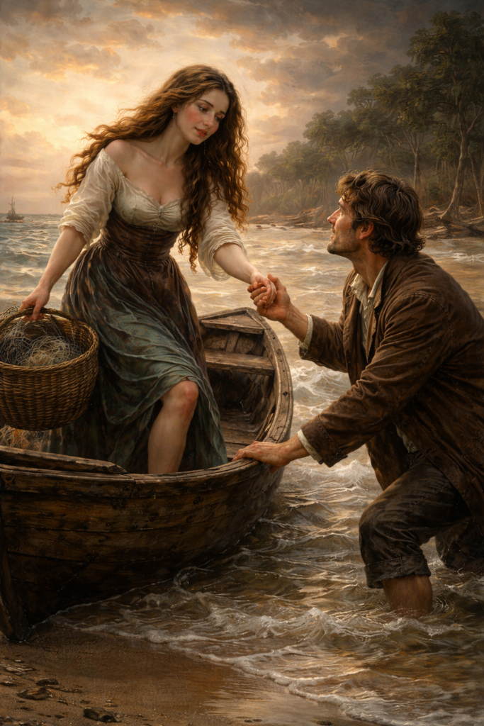 Symbolische Darstellung zum Lied "Das Fischermädchen" von Franz Schubert. Ein Mann hilft einer schönen Fischerin aus ihrem Boot an den Strand.