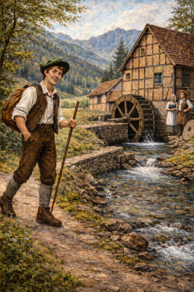 Symbolische Abbildung zum Lied "Das Wandern" aus "Die schöne Müllerin" von Franz Schubert. Der Wanderer startet hoffnungsvoll und fröhlich seine Wanderung. Im Hintergrund die Mühle.