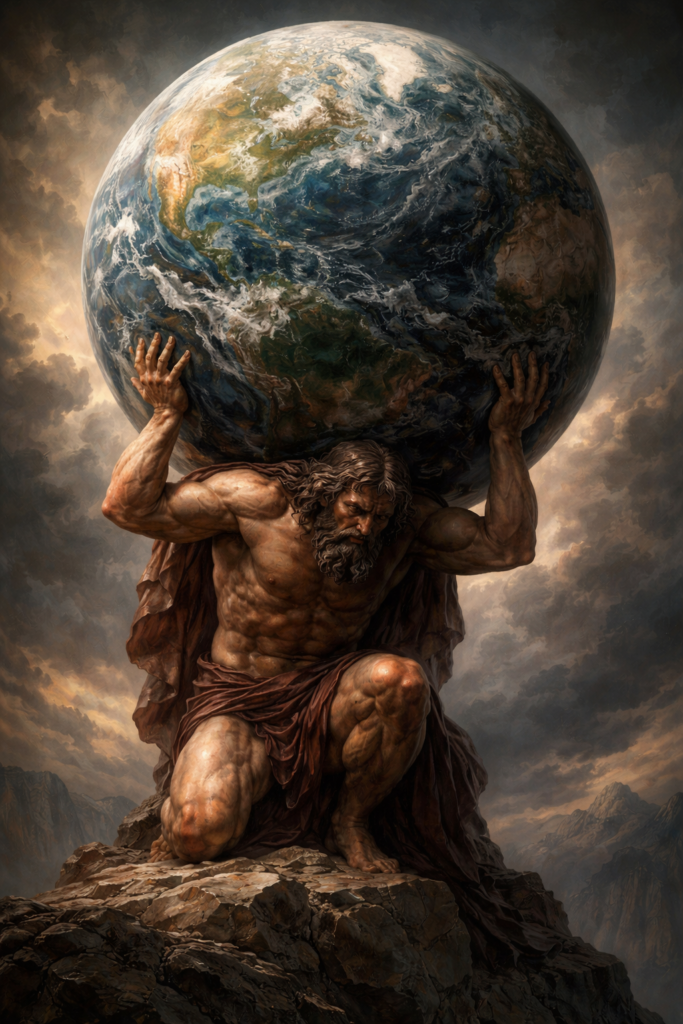 Symbolische Darstellung zu dem Lied "Der Atlas" von Franz Schubert. Atlas trägt die Erde auf seinem Schultern.