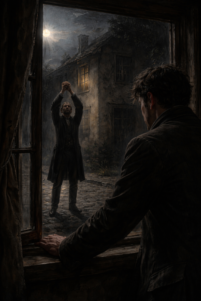 Symbolisches Bild zu "Der Doppelgänger" von Franz Schubert. Ein Mann steht am Fenster und sieht sich selbst draußen auf der Straße stehen und in Liebesleid die Arme hochhalten.