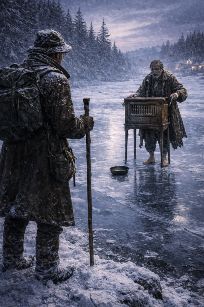 Reduzierte Szene eines alten Drehleierspielers in winterlicher Leere, Mechanisch dreht er immer weiter. Er spürt nicht das Eis an den Füßen, nicht die Missachtung durch Mensch und Natur. Sinnbild für Leer, Entmenschlichung und Endpunkt des Weges. Folgt der Wanderer dem Weg?