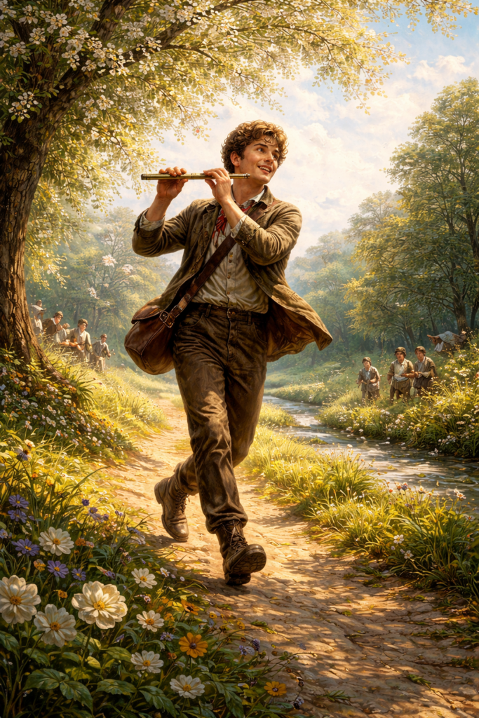 Symbolische Darstellung zum Lied "Der Musensohn" von Schubert. Der Musensohn dargestellt in blühender Landschaft fröhlich mit einer Flöte in den Händen.