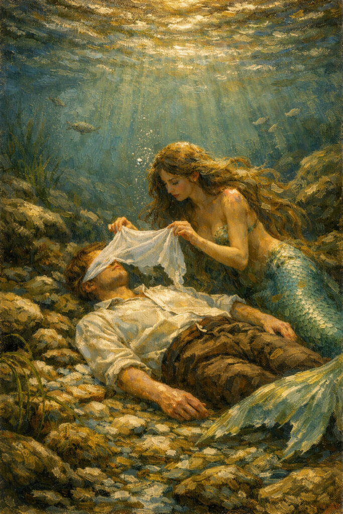 Symbolische Abbildung zum Lied "Des Baches Wiegenlied" aus "Die schöne Müllerin" von Franz Schubert. Der Müllersbursche liegt auf dem Grund eines Baches. Eine Nixe will ihm mit einem Tuch das Gesicht verhüllen.