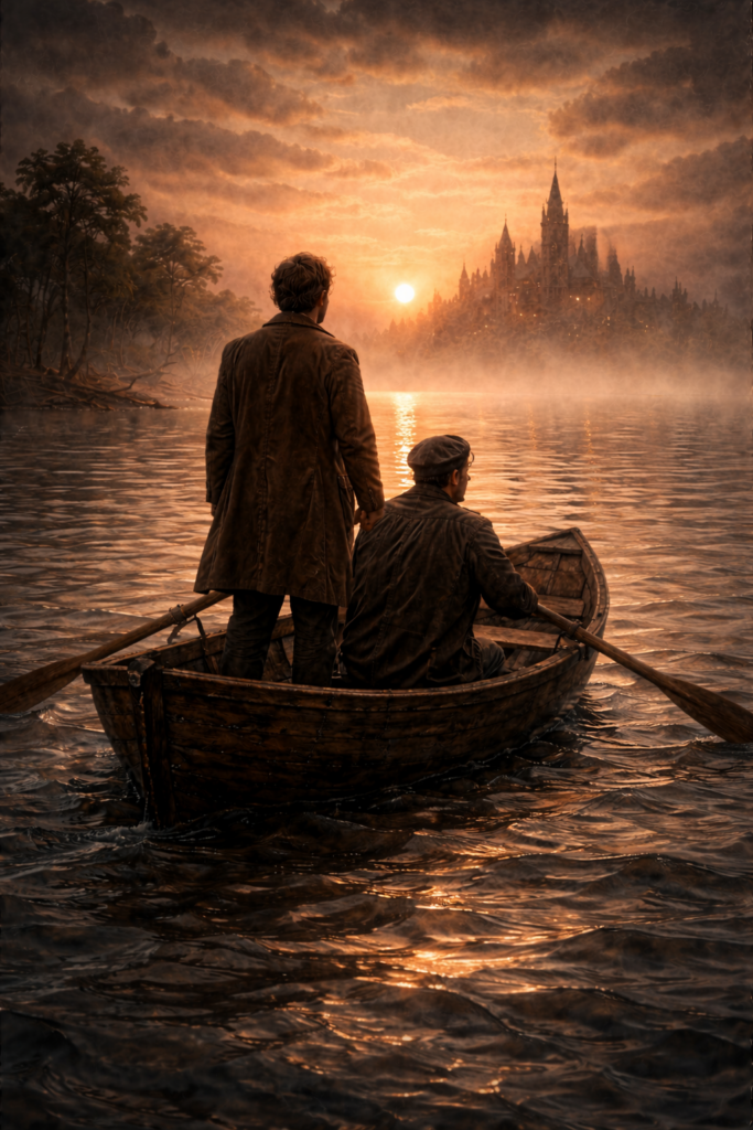 Symbolisches Bild zu dem Lied "Die Stadt" von Franz Schubert. Ein Mann wird von einem Schiffer in einem Kahn über das Wasser gerudert. Im Licht der untergehenden Sonne sieht er eine Stadt.