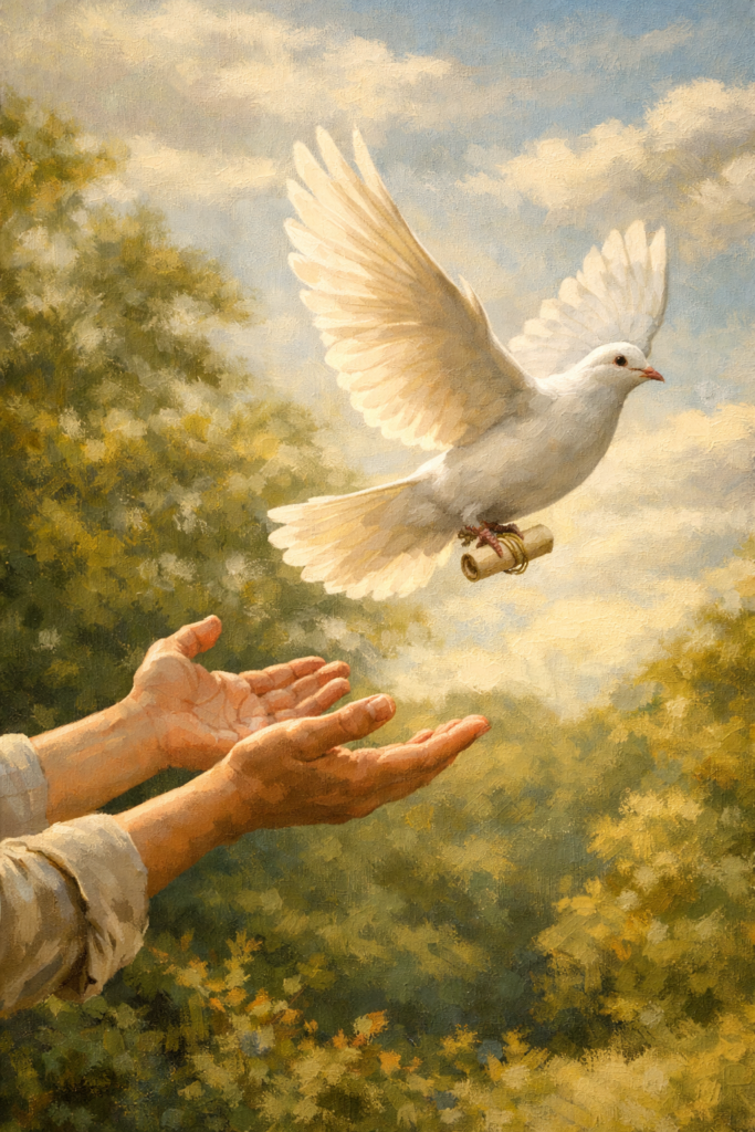 Symbolische Darstellung zu "Die Taubenpost" von Franz Schubert. Ein Brieftaube wird aus den Händen in die Luft entlassen. Sie trägt einen Brief an ihrem Bein.