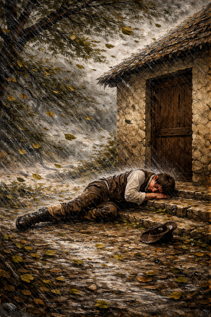 Symbolische Abbildung zum Lied "Die böse Farbe" aus "Die schöne Müllerin" von Franz Schubert. Der Müllersbursch liegt auf den Treppen des Hauses der Müllerin. Ein Sturm reißt die grünen Blätter ab und es regnet.