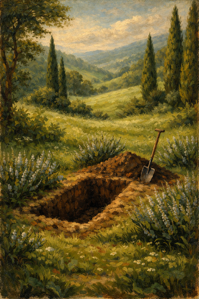 Symbolische Abbildung zum Lied "Die liebe Farbe" aus "Die schöne Müllerin" von Franz Schubert. Ein frisch ausgehobenes Grab in einer Landschaft aus Rosmarin und Zypressen.