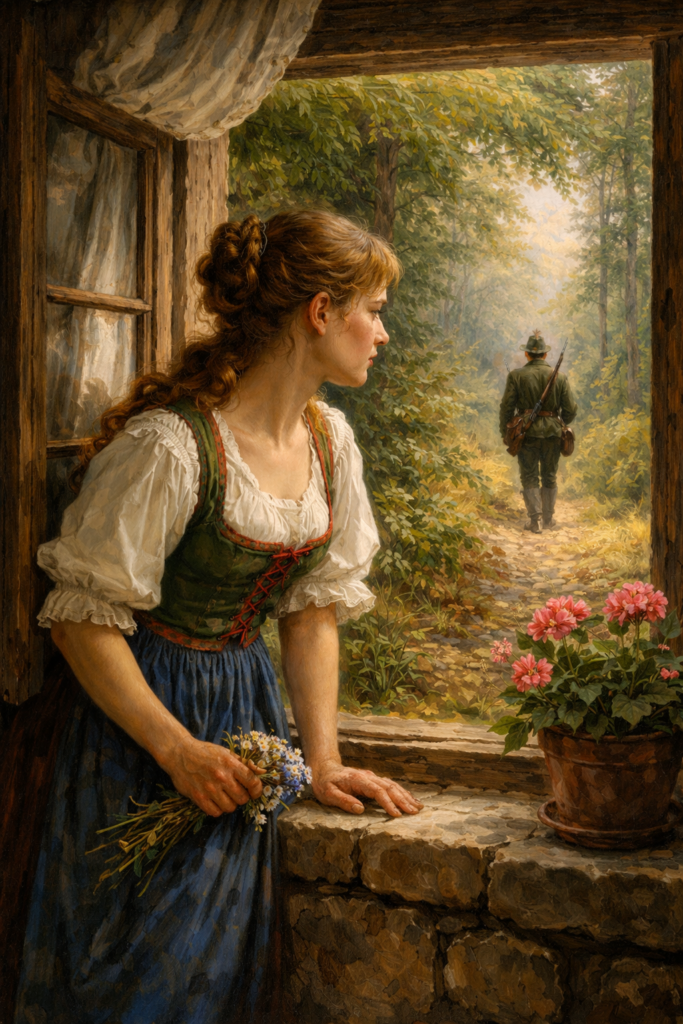 Symbolische Abbildung zum Lied "Eifersucht und Stolz" aus "Die schöne Müllerin" von Franz Schubert. Die schöne Müllerin schaut aus dem Fenster dem Jäger hinterher.