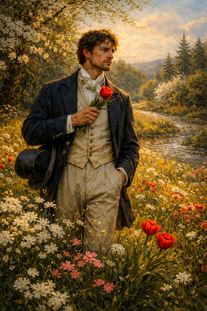 Symbolische Darstellung zum Lied "Frühlingssehnsucht" von Franz Schubert. Ein Mann steht in einem Feld voller Blumen.