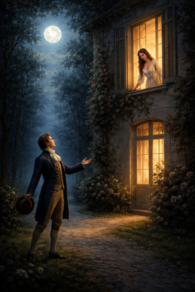 Symbolisches Bild zum Lied "Ständchen" von Franz Schubert. Ein Mann steht im Mondschein vor dem Fenster der angebeteten und singt. Im beleuchteten Fenster steht die Frau und schaut auf den Mann.