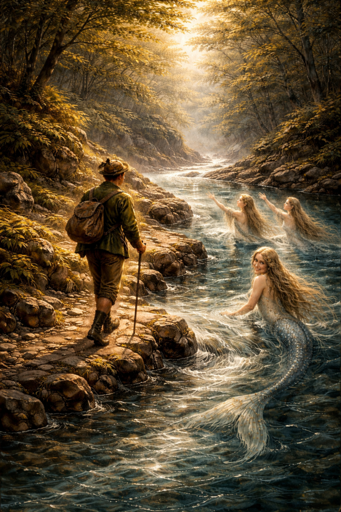 Symbolische Abbildung zum Lied "Wohin?" aus "Die schöne Müllerin" von Franz Schubert. Der Wanderer wird von den Nixen im Bach angeleitet.