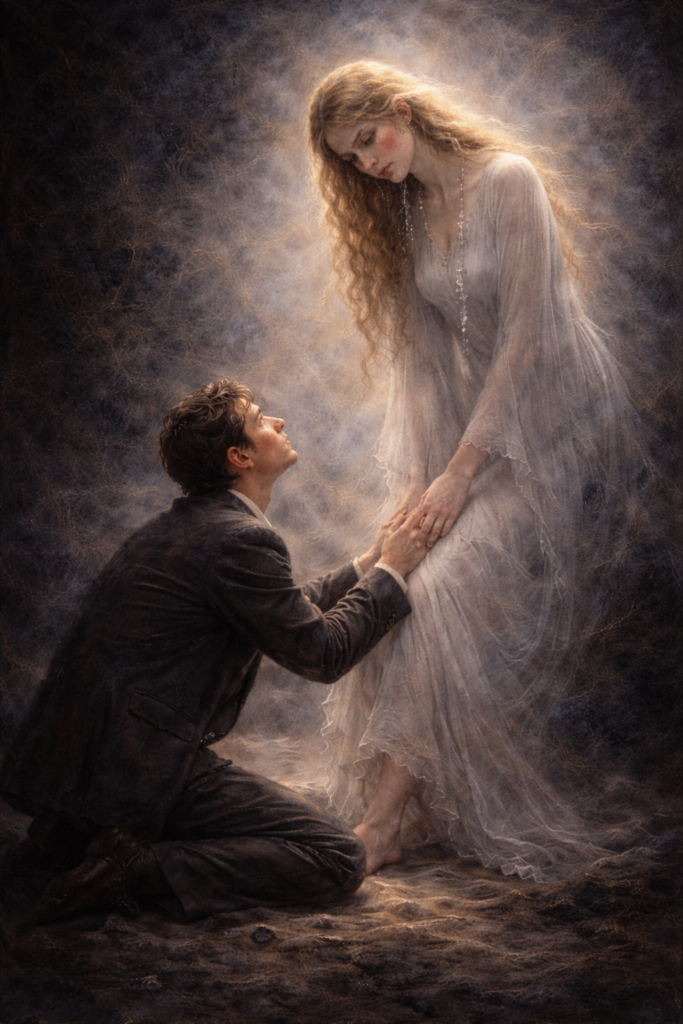 Symbolische Darstellung zu "Allnächtlich im Traume" aus Dichterliebe von Robert Schumann. Der Mann kniet auf dem Boden und über ihn gebeugt ist die geisterhaft dargestellte Frau,