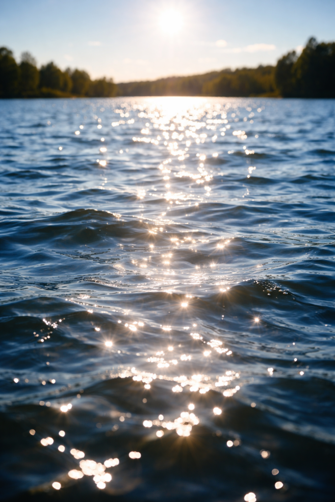 Bild zum Lied "Am See" von Franz Schubert. Es wird eine im Sonnenlicht glitzernde Wasseroberfläche dargestellt.