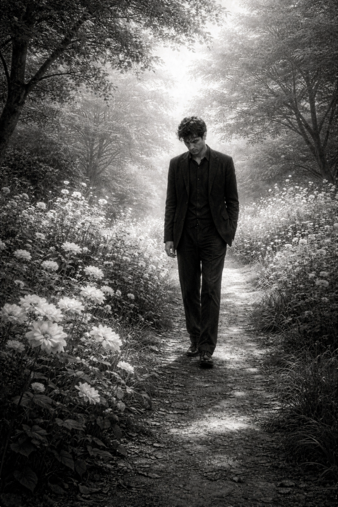 Symbolische Darstellung zu "Am leuchtenden Sommermorgen" aus Dichterliebe von Robert Schumann. Ein sommerlicher Garten in Schwarz-weiß. Ein trauriger Wanderer in sommerlicher Farblosigkeit.