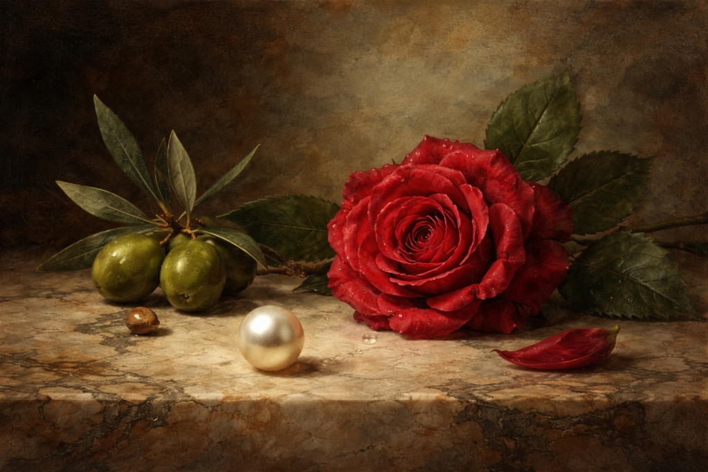 Symbolische Darstellung zu Hugo Wolf "Auch die kleinen Dinge können uns entzücken" aus dem italienischen Liederbuch. Stillleben einer Perle, einer Olive und einer Rose.