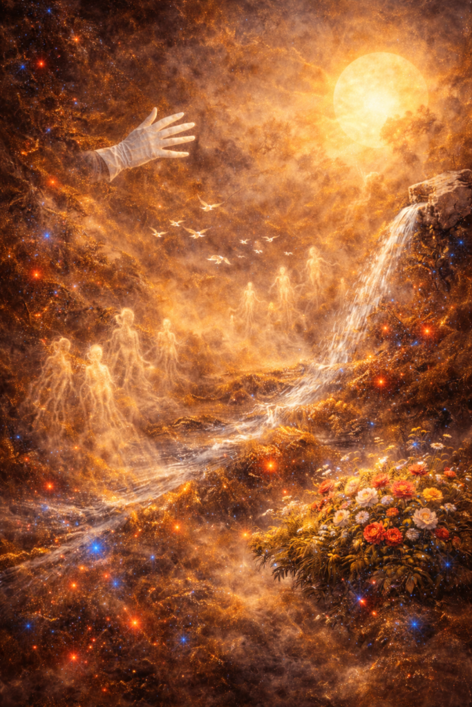 Symbolische Darstellung zu "Ais alten Märchen" aus Dichterliebe von Robert Schumann. Eine Traumlandschaft mit Quellen, weißer Hand, Vögeln, Sonne und Nebelgestalten.