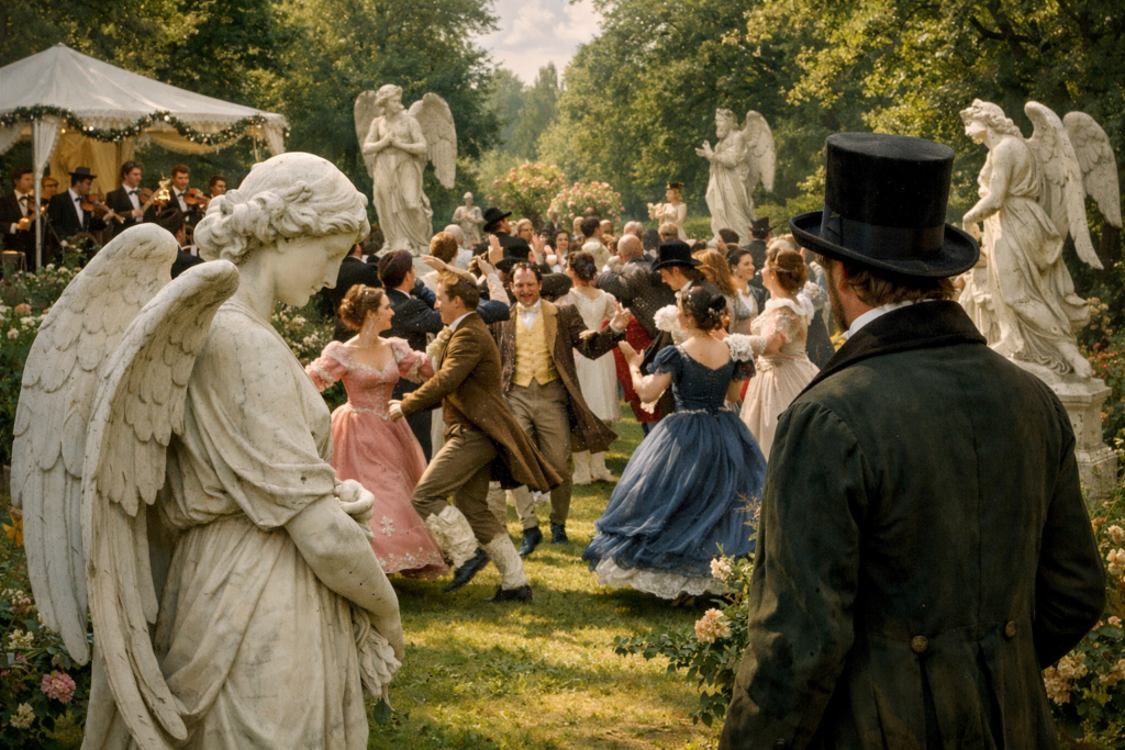 Symbolische Darstellung zu "Das ist ein Flöten und Geigen" aus Dichterliebe von Robert Schumann. Ein Beobachter steht in einem Garten hinter einer Engelsstatue und schaut einer Hochzeitsgesellschaft zu.