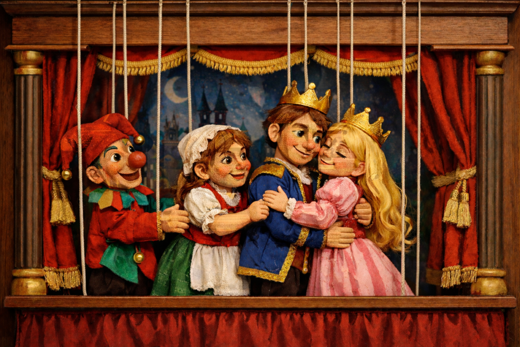 Symbolische Darstellung zu "Ein Jüngling liebt ein Mädchen" aus Dichterliebe von Robert Schumann. Eine Kasperle-Bühne. Rechts umarmen sich Prinz und Prinzessin. Gretel hält den Prinzen und Kasperl hält Gretel.