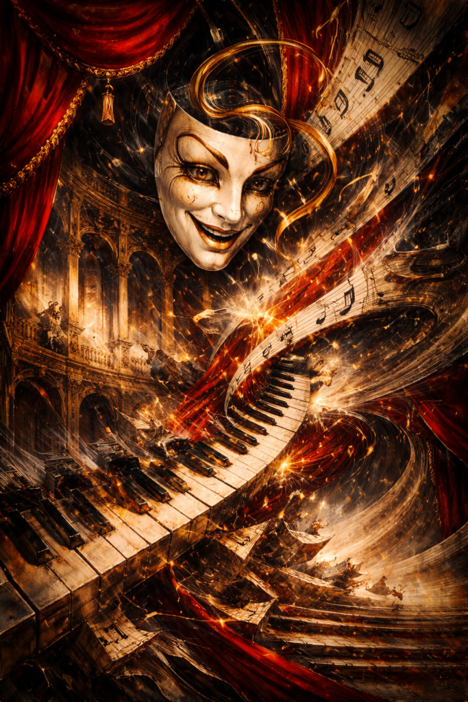 Symbolische Darstellung zu Franz Liszt/Ferrucio Busoni Figaro Fantasie. Mischung aus Klavier und Opernelementen.