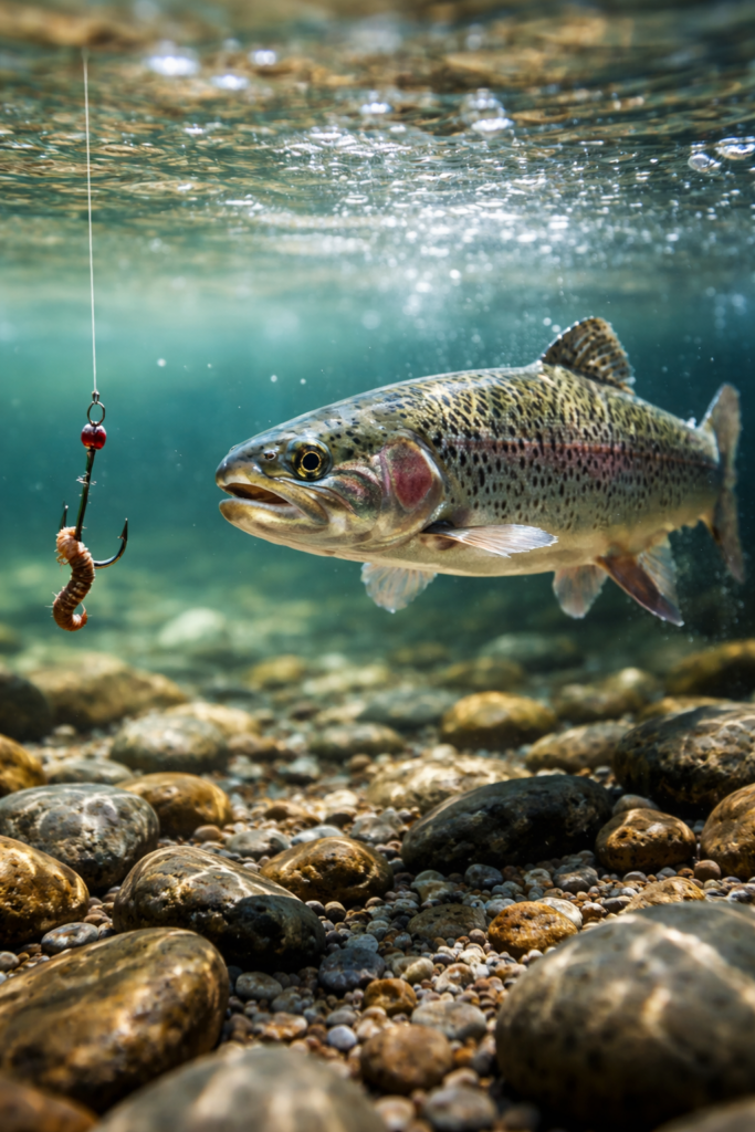 Symbolische Darstellung zu "Die Forelle" von Franz Schubert. Die Forelle schwimmt im klasklaren Bach gegen die Strömung. Eine Angelschnur mit Haken und Köder ist im klaren Wasser gut zu erkennen.