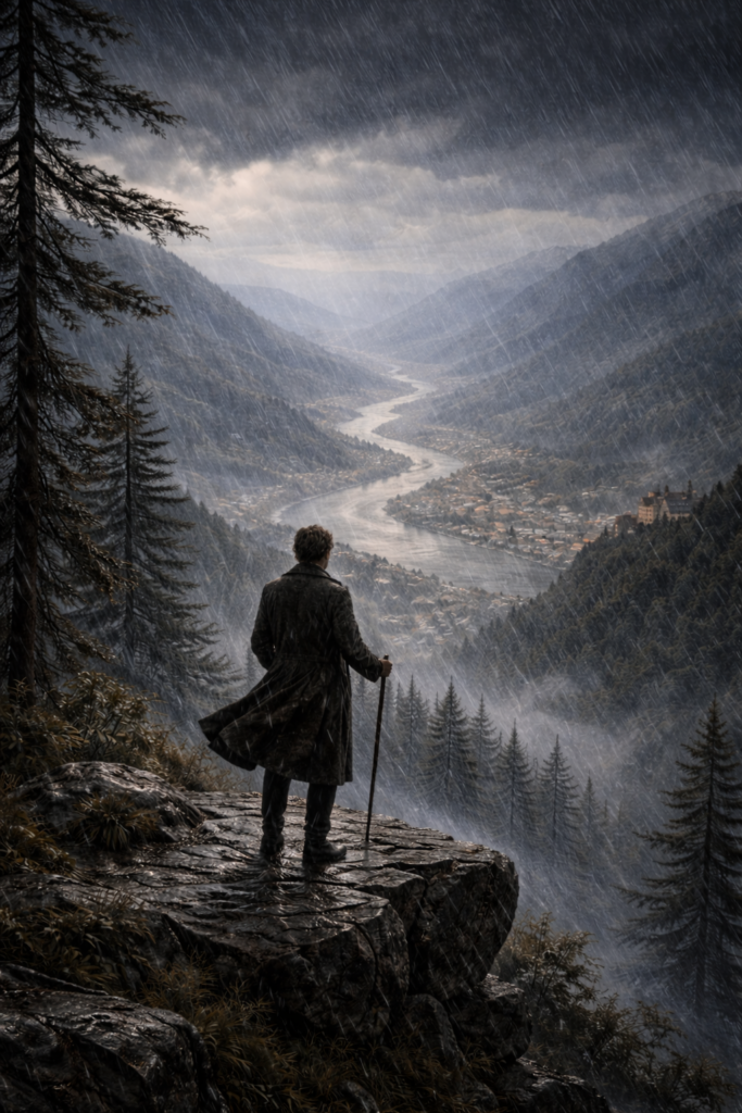 Symbolische Darstellung zu "Hör ich das Liedchen klingen" aus Dichterliebe von Robert Schumann. Ein Wanderer auf Bergeshöhen sieht hinab in das Tal während Regen peitschend herniederprasselt.