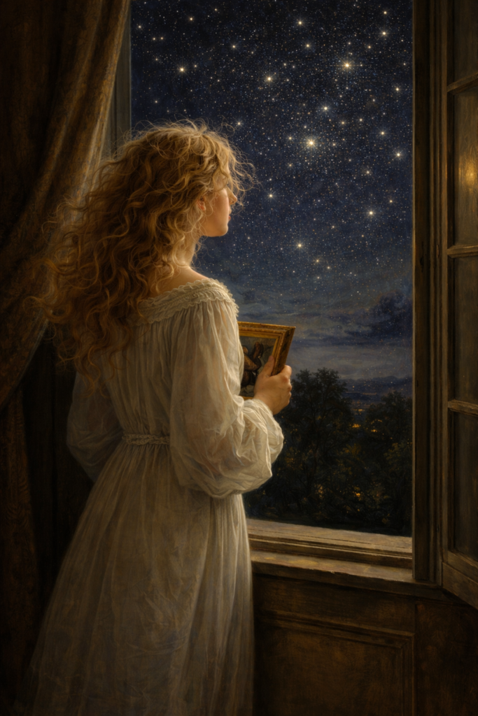 Symbolische Darstellung zum Lied "Ich grolle nicht" aus Dichterliebe von Robert Schumann. Eine Frau steht am Fenster und betrachtet den wie Diamanten funkelnden Nachthimmel.