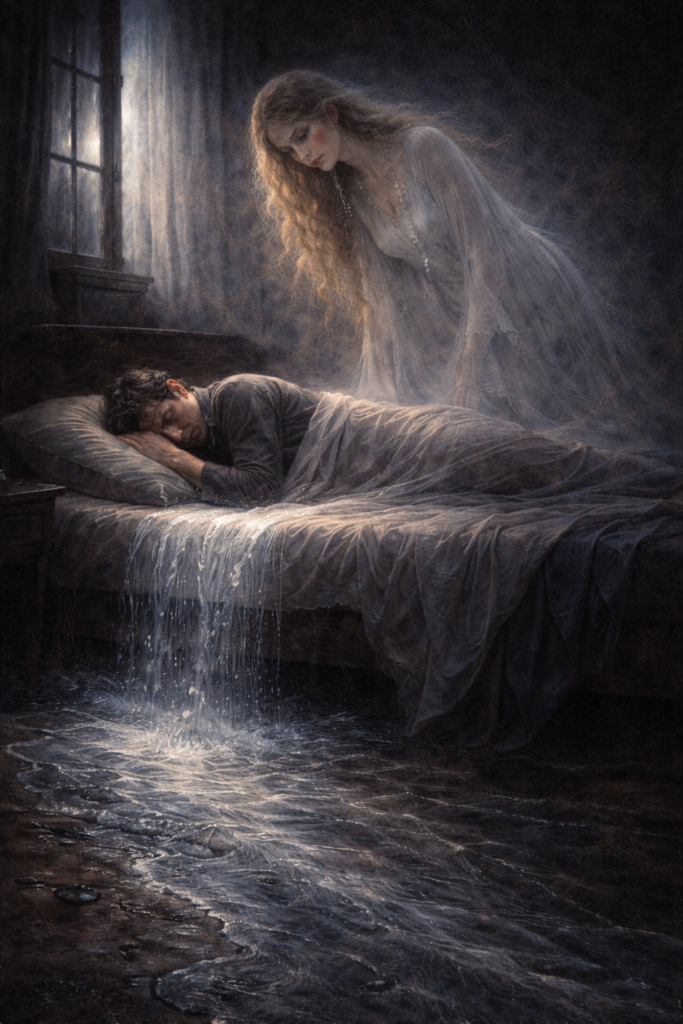 Symbolische Darstellung zu "Ich hab im Traum geweinet" aus Dichterliebe von Robert Schumann. Eine geisterhafte Frau beugt sich über den schlafenden Mann. Ein Fluss entspringt dem Bett.