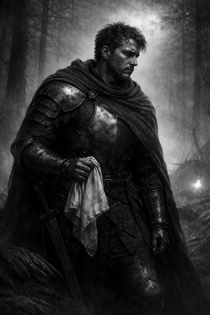 Symbolische Darstellung zum Lied "Kriegers Ahnung" von Franz Schubert. Ein Krieger hält im Kriegslager das Tuch seiner Geliebten.