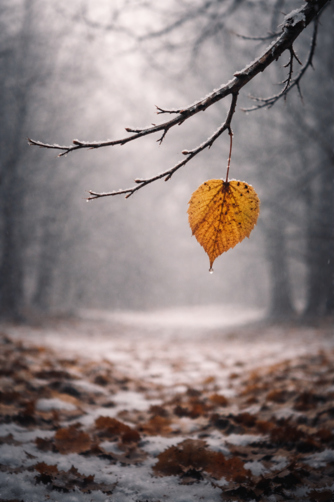 Symbolische Darstellung zu Winterreise "Letzte Hoffnung" von Franz Schubert. Ein letztes buntes Lindenblatt hängt an einem Ast. Im Hintergrund spätherbstlicher Wald.