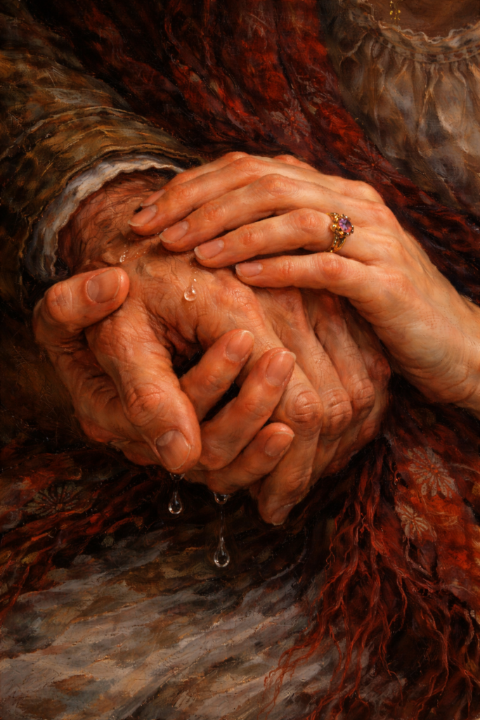 Symbolisches Bild zu Wolf: Italienisches Liederbuch "Mir ward gesagt du reisest in die Ferne". Zwei Frauenhände umfassen eine Männerhand unter Tränen.