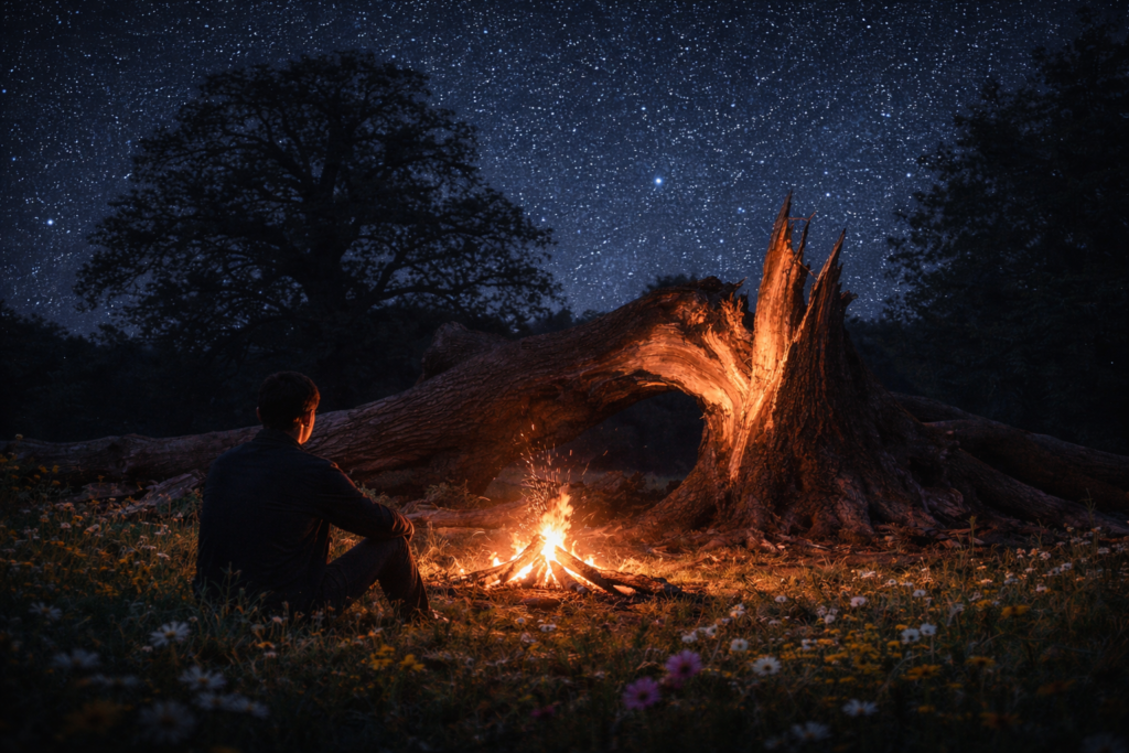 Symbolische Darstellung zu "Und wüsstens die Blumen die kleinen" aus Dichterliebe von Robert Schumann. Ein Mann sitzt auf einer nächtlichen Blumenwiese an einem Lagerfeuer. Vor ihm ist ein vom Blitz zerborstener Baum zu sehen und über ihm die blinkenden Sterne.