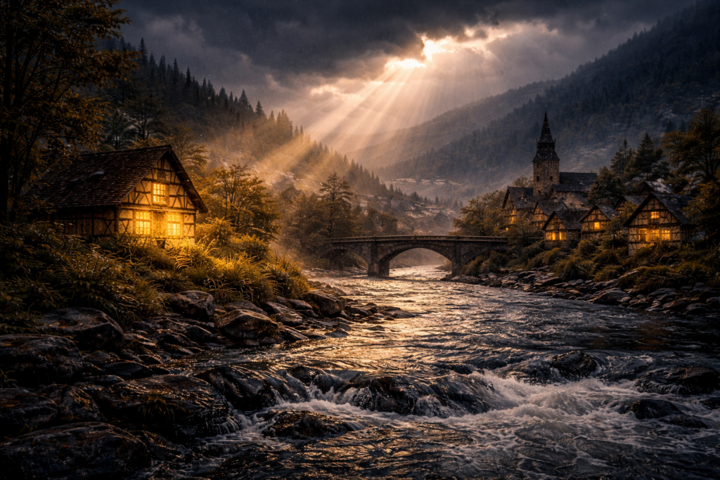 Künstlerische Szene mit schmelzendem Schnee und fließendem Wasser,. Nur ein Lichtstrahl erhellt ein Haus am reißenden Wasser. – Sinnbild für überströmenden Schmerz.