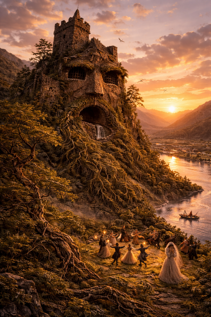 Symbolische Darstellung zu "Auf einer Burg" aus Liederkreis op. 39 von Robert Schumann. Andeutung von Burg Gutenberg auf einem Fels am Rhein. Die Burg ist das Gesicht der Ritters mit langem Bart aus Bäumen. Unten am Rhein die Hochzeitsgesellschaft mit Braut, die das Gesicht mit den Händen verdeckt.