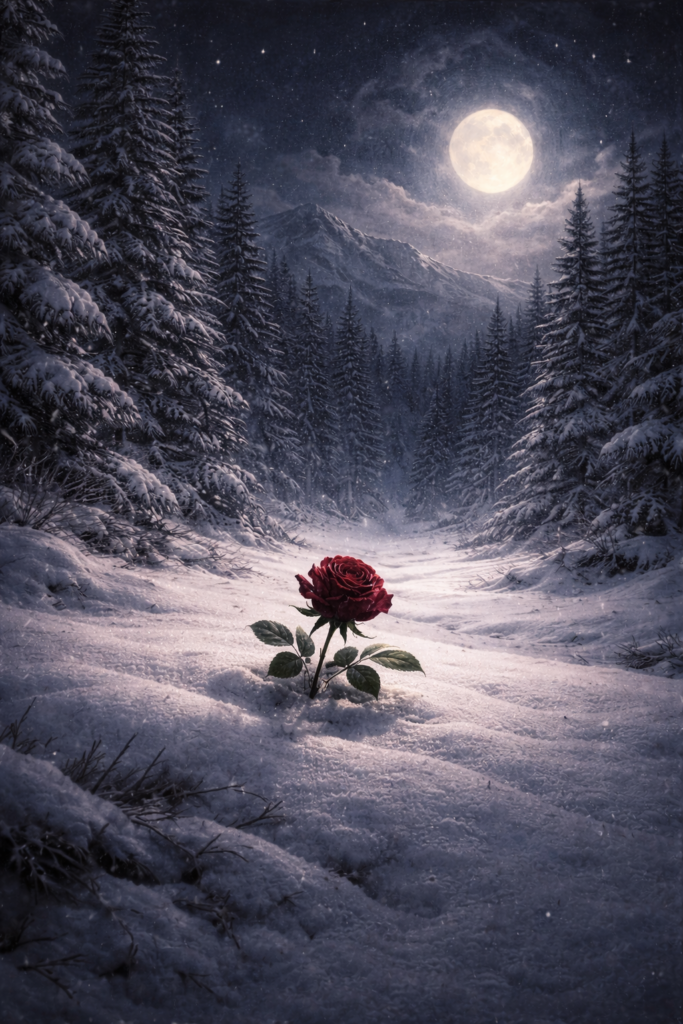 Symbolische Darstellung zu "Die Stille" aus Liederkreis op. 39 von Robert Schumann. Winterlandschaft in den Bergen. Auf einer verschneiten und vom Vollmond beschienenen Waldlichtung wächst eine einzelne rote Rose aus dem Schnee.