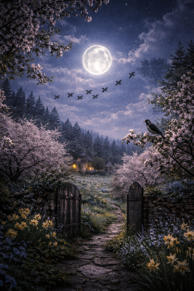 Symbolische Darstellung zu "Frühlingsnacht" aus Liederkreis op. 39 von Robert Schumann. Über dem Garten fliegen Zugvögel, erste Blüten sind im Garten und der Mond scheint hell.