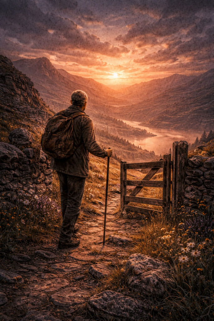 Symbolische Darstellung zu "I have trod the upward and the downward slope" aus Songs of Travel von Ralph Vaughan Williams. Ein alter Wandersmann schut auf den Sonnenuntergang.