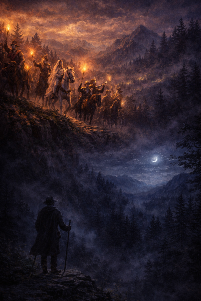 Symbolische Darstellung zu "Im Walde" aus Liederkreis op. 39 von Robert Schumann. Ein zweigeteiltes Bild aus Hochzeits- und Jagdmotiv oben und nächtlicher Stille unten.