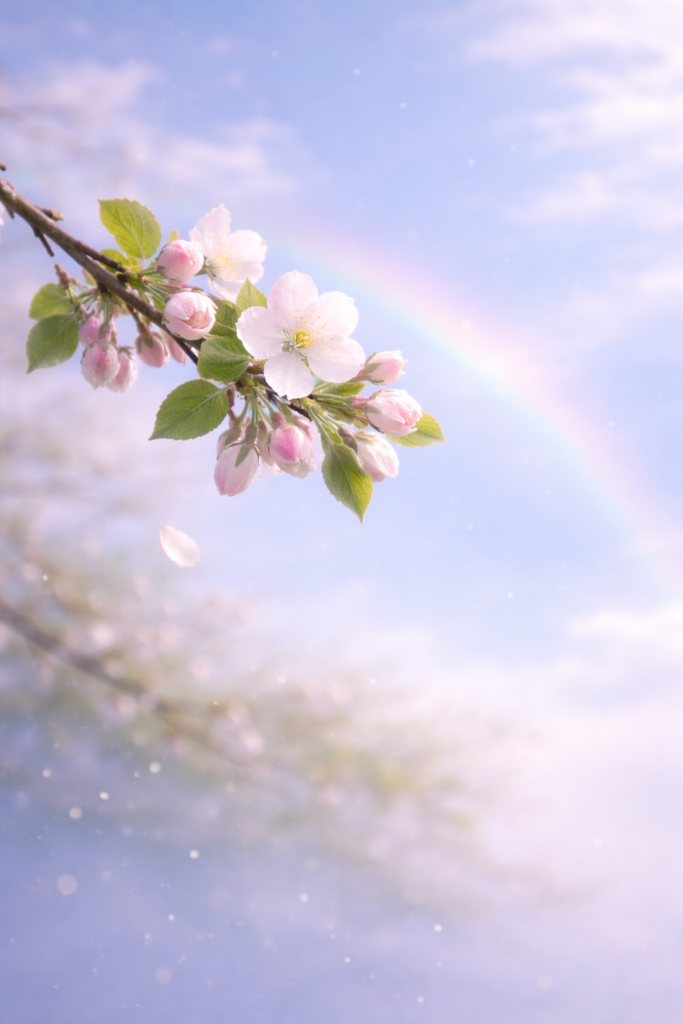 Symbolisches Bild zu "Im wunderschönen Monat Mai" aus Dichterliebe von Robert Schumann. Eine zarte Apfelblüte in Sonne und zarten Frühlingsregen mit Regenbogen im Hintergrund.