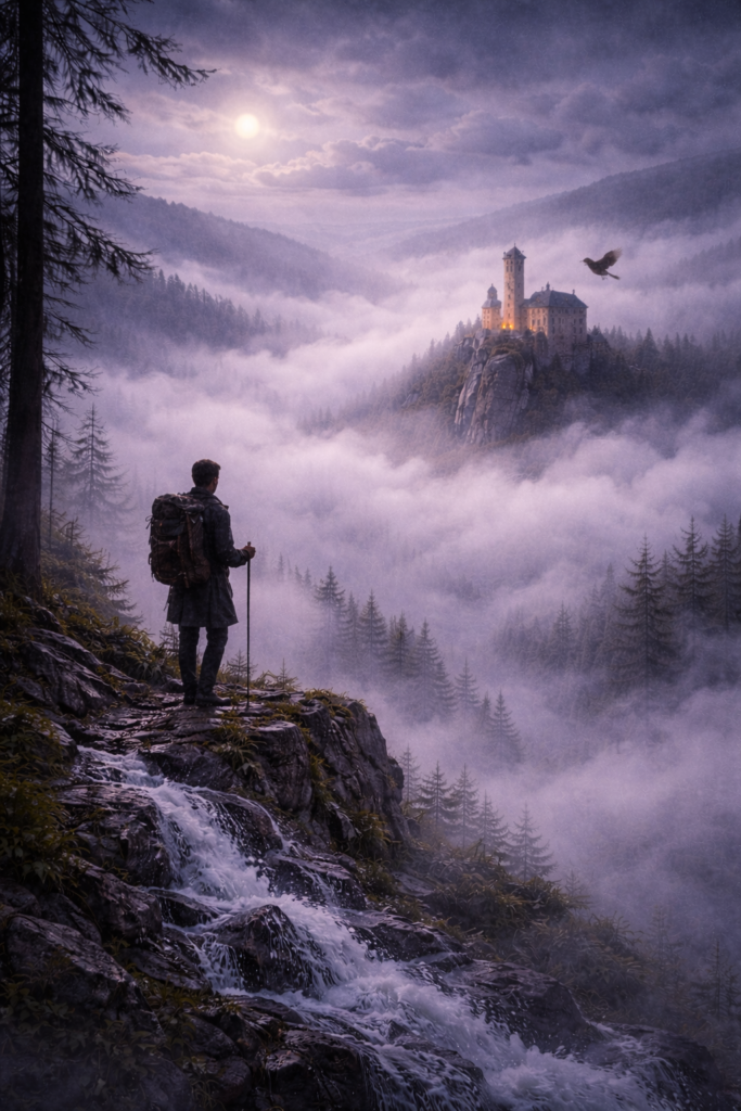 Symbolische Darstellung zu "Inder Fremde (2)" aus Liederkreis op. 39 von Robert Schumann. Ein Wanderer sieht in das von Nebel bedeckte Tal. Ein Bächlein rauscht neben ihm, eine Nachtigall fliegt durch die Luft und aus neben Nebel steigt ein Schloss hervor.