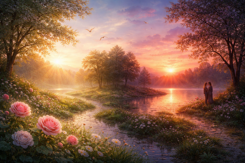 Symbolische Darstellung zu "Let beauty awake" aus Songs of Travel von Ralph Vaughan Williams. Ein zwegeteiltes Bild, das die Schönheit des Morgens und des Abends in der Natur zeigt.