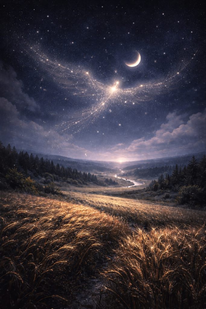 Symbolische Darstellung zu "Mondnacht" aus Liederkreis op. 39 von Robert Schumann. Eine Mondnacht. Der Mond isteht mit seiner Sichel am Himmel. Getreidefelder bewegen sich leicht im Wind. Am sternenklaren Himmel ist der Umriss eines Vogels aus Sternen zu erkennen, der weit die Flügel ausbreitet.