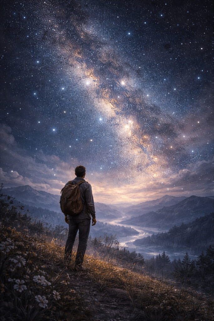 Symbolische Darstellung zu "The infinite shining Heavens" aus Songs of Travel von Ralph Vaughan Williams. Sternenhimmel und Betrachter in der Natur.