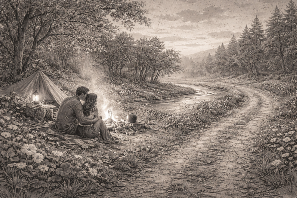 Symbolische Darstellung zu "The roadside Fire" aus Songs of Travel von Ralph Vaughan Williams. Ein Bild vom königlichen Leben in der Natur. Mit Lagerfeuer am Wegesrand und Naturromantik.