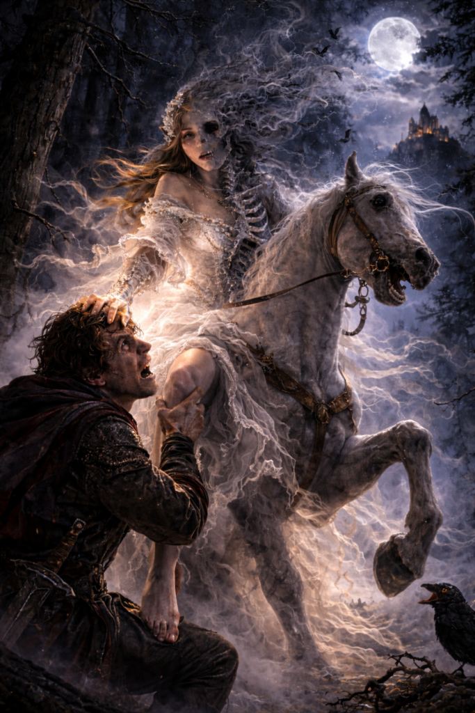 Symbolische Darstellung zu "Waldesgespräch" aus Liederkreis op. 39 von Robert Schumann. Nächtliche Waldszene. Ein Mann greift nach dem Bein der Lorelei. In diesem Moment verwandelt sich die Lorelei zu einem geisterhaften Skelett und der Mann erkennt mit Schrecken seinen Fehler.