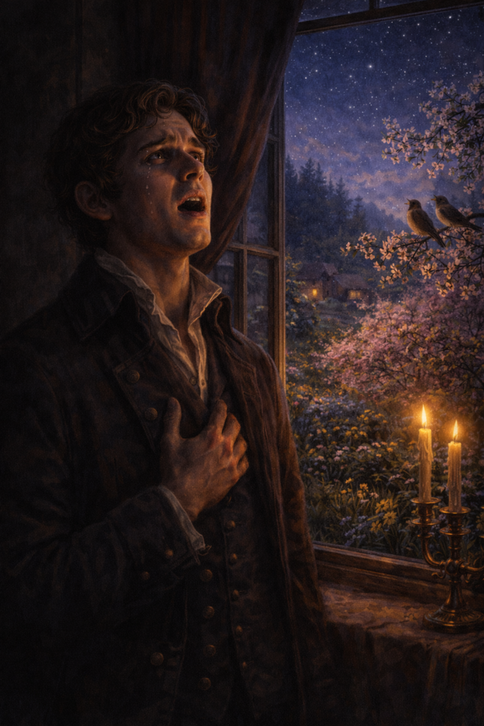 Symbolische Darstellung zu "Wehmut" aus Liederkreis op. 39 von Robert Schumann. Innen singt der Sänger mit Tränen in den Augen. Vor dem Fenster erscheint dagegen eine romantisch schöne Gartenidylle.