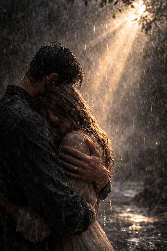 Symbolische Darstellung zu "Wenn ich in deine Augen seh" aus Dichterliebe von Robert Schumann. Mann und Frau umarmen sich. Es regnet, ein Sonnenstrahl durchbricht den Regen.