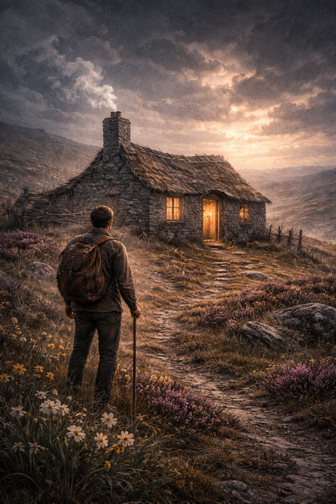 Symbolische Darstellung zu Whither must I wander aus Songs of Travel von Ralph Vaughan Williams. Ein Wanderer vor dem einsamen haus.